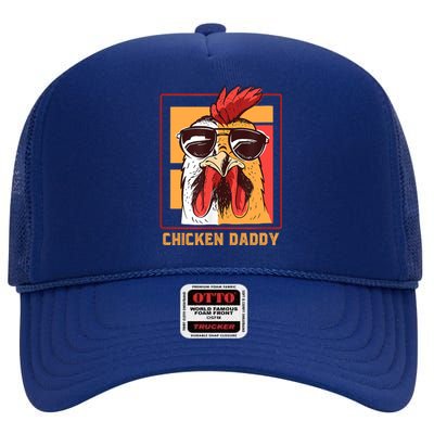 Mens Chicken Daddy Vintage Poultry Farmer Rooster Wearing Shades Gift High Crown Mesh Back Trucker Hat