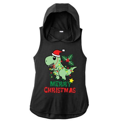 Merry Christmas Dino Holiday Ladies PosiCharge Tri-Blend Wicking Draft Hoodie Tank