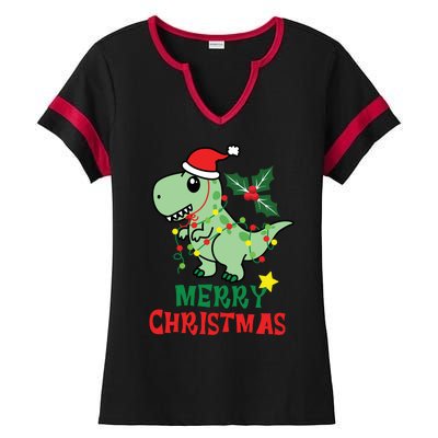 Merry Christmas Dino Holiday Ladies Halftime Notch Neck Tee