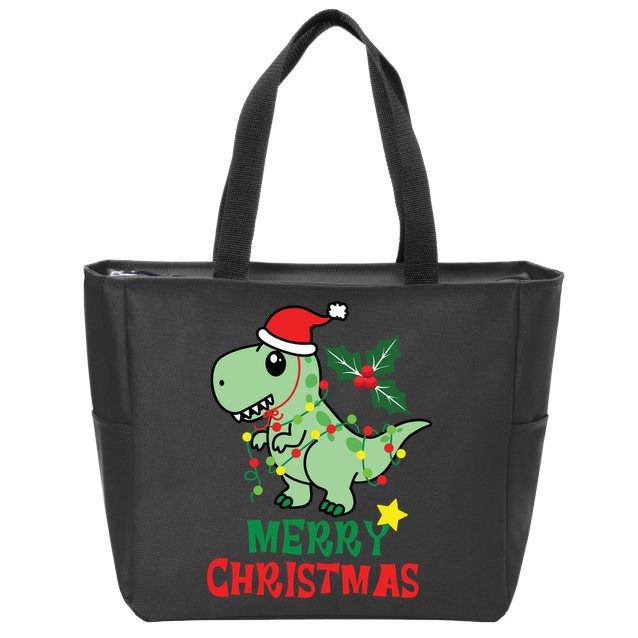 Merry Christmas Dino Holiday Zip Tote Bag