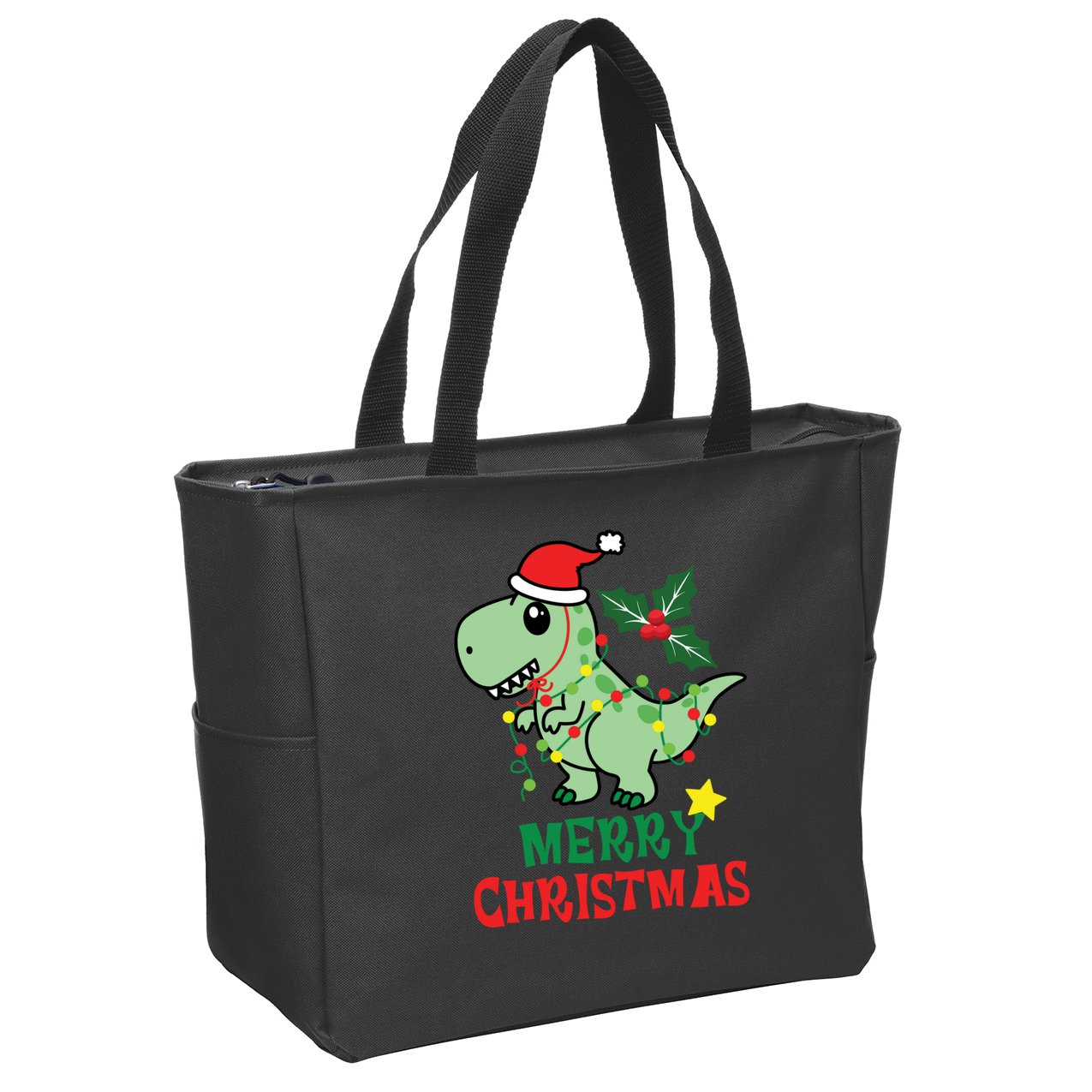 Merry Christmas Dino Holiday Zip Tote Bag