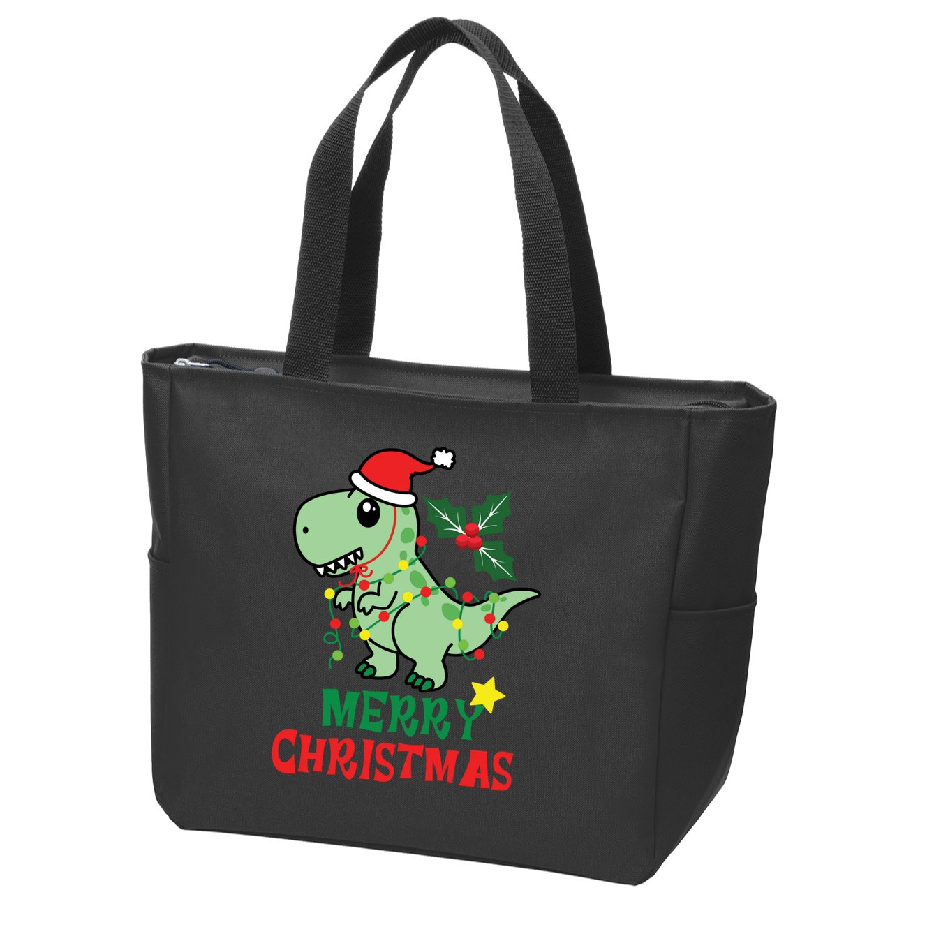 Merry Christmas Dino Holiday Zip Tote Bag