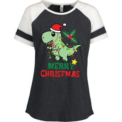 Merry Christmas Dino Holiday Enza Ladies Jersey Colorblock Tee