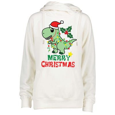 Merry Christmas Dino Holiday Womens Funnel Neck Pullover Hood