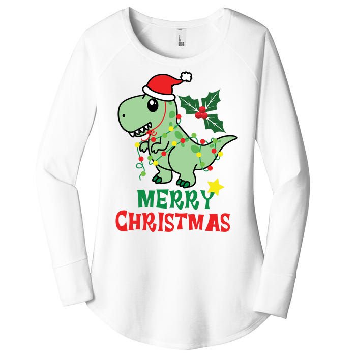 Merry Christmas Dino Holiday Women's Perfect Tri Tunic Long Sleeve Shirt