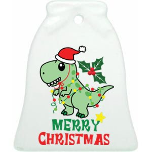 Merry Christmas Dino Holiday Ceramic Bell Ornament