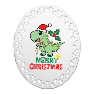 Merry Christmas Dino Holiday Ceramic Oval Ornament