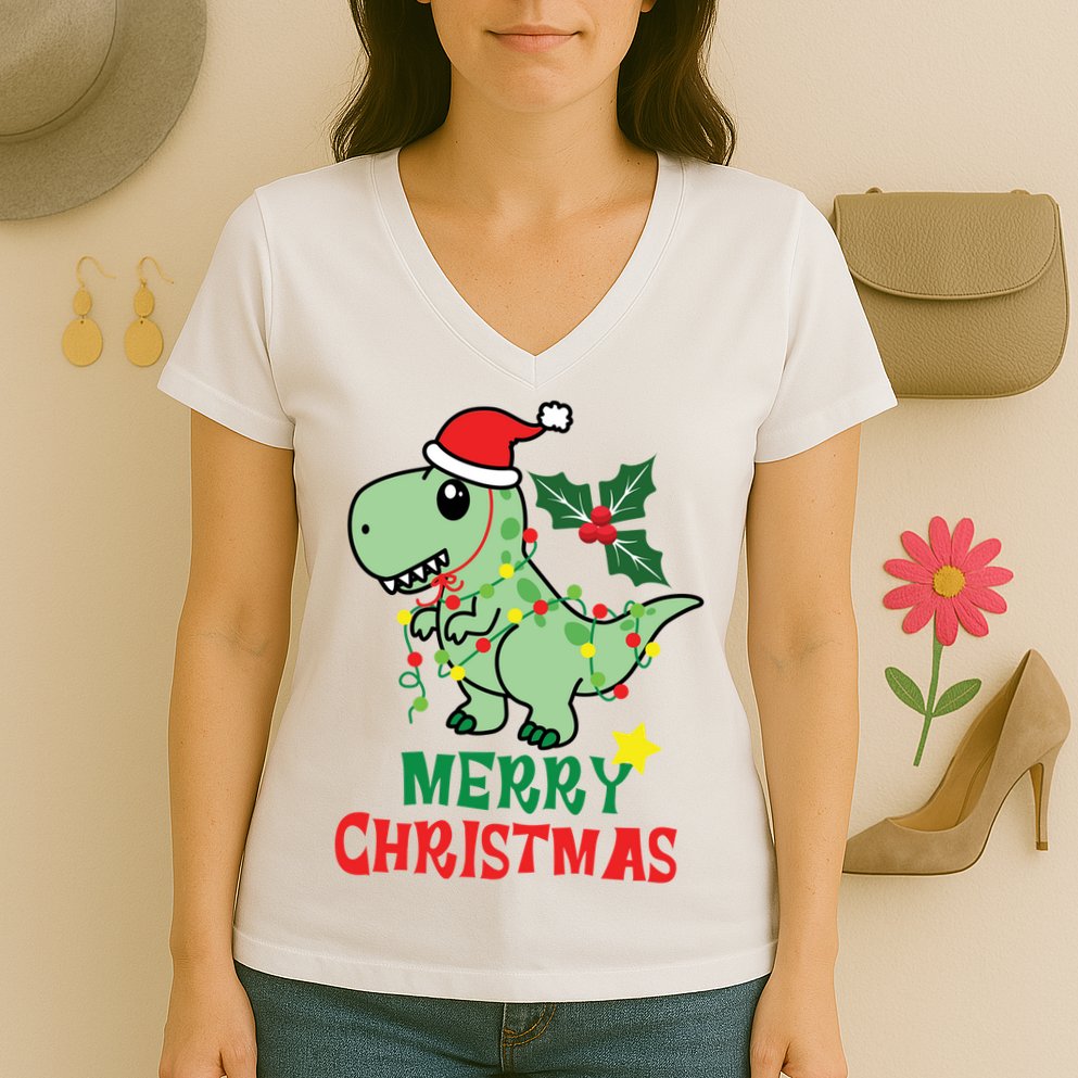 Merry Christmas Dino Holiday Women's V-Neck T-Shirt