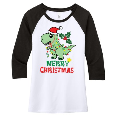 Merry Christmas Dino Holiday Women's Tri-Blend 3/4-Sleeve Raglan Shirt