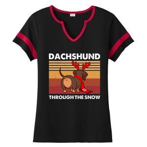 Merry Christmas Dachshund Dog Through The Snow Cool Gift Ladies Halftime Notch Neck Tee