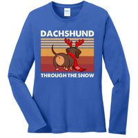 Merry Christmas Dachshund Dog Through The Snow Cool Gift Ladies Long Sleeve Shirt