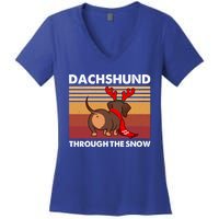 Merry Christmas Dachshund Dog Through The Snow Cool Gift Women's V-Neck T-Shirt