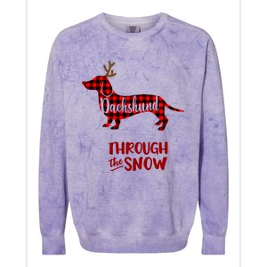 Merry Christmas Dachshund Dog Through The Snow Red Plaid Gift Colorblast Crewneck Sweatshirt