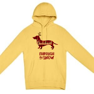 Merry Christmas Dachshund Dog Through The Snow Red Plaid Gift Premium Pullover Hoodie