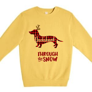 Merry Christmas Dachshund Dog Through The Snow Red Plaid Gift Premium Crewneck Sweatshirt