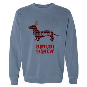 Merry Christmas Dachshund Dog Through The Snow Red Plaid Gift Garment-Dyed Sweatshirt