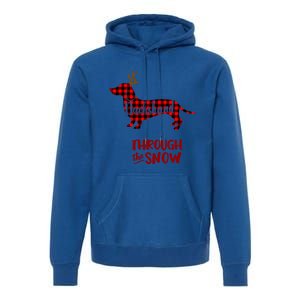 Merry Christmas Dachshund Dog Through The Snow Red Plaid Gift Premium Hoodie