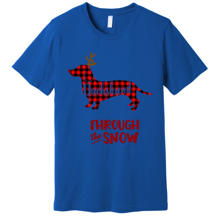 Merry Christmas Dachshund Dog Through The Snow Red Plaid Gift Premium T-Shirt