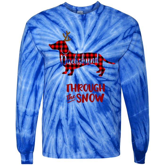 Merry Christmas Dachshund Dog Through The Snow Red Plaid Gift Tie-Dye Long Sleeve Shirt