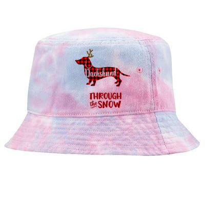 Merry Christmas Dachshund Dog Through The Snow Red Plaid Gift Tie-Dyed Bucket Hat