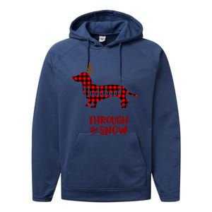 Merry Christmas Dachshund Dog Through The Snow Red Plaid Gift Performance Fleece Hoodie