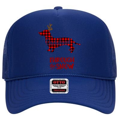 Merry Christmas Dachshund Dog Through The Snow Red Plaid Gift High Crown Mesh Back Trucker Hat