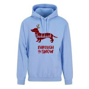 Merry Christmas Dachshund Dog Through The Snow Red Plaid Gift Unisex Surf Hoodie