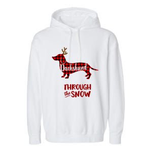 Merry Christmas Dachshund Dog Through The Snow Red Plaid Gift Garment-Dyed Fleece Hoodie