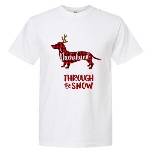 Merry Christmas Dachshund Dog Through The Snow Red Plaid Gift Garment-Dyed Heavyweight T-Shirt