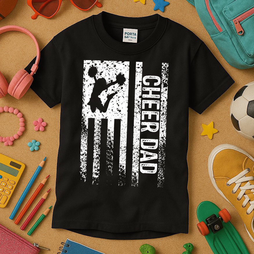Mens Cheer Dad Vintage American Flag Father Cheerleader Squad Kids T-Shirt