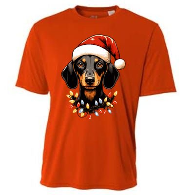 Merry Christmas Dachshund Santa Hat Lights Xmas Great Gift Cooling Performance Crew T-Shirt