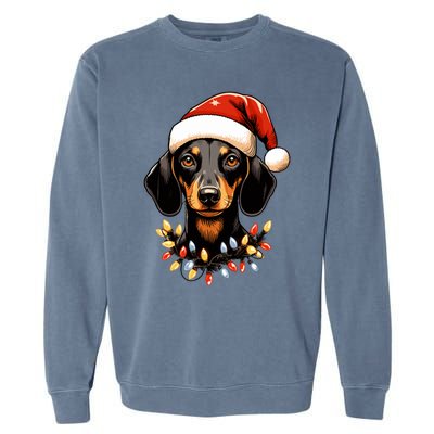 Merry Christmas Dachshund Santa Hat Lights Xmas Great Gift Garment-Dyed Sweatshirt