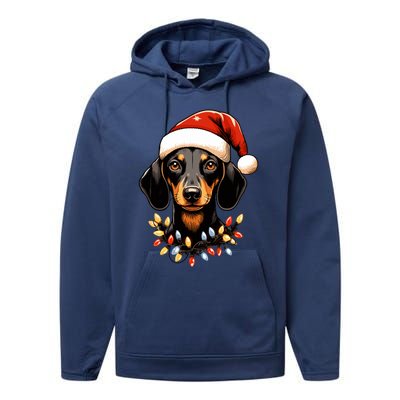 Merry Christmas Dachshund Santa Hat Lights Xmas Great Gift Performance Fleece Hoodie