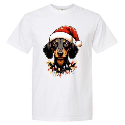 Merry Christmas Dachshund Santa Hat Lights Xmas Great Gift Garment-Dyed Heavyweight T-Shirt