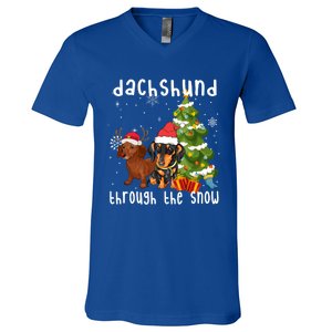 Merry Christmas Dachshund Dog Through The Snow Gift V-Neck T-Shirt