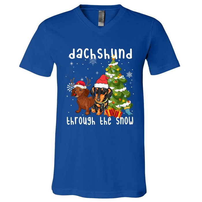 Merry Christmas Dachshund Dog Through The Snow Gift V-Neck T-Shirt