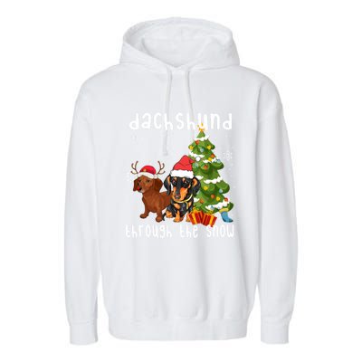 Merry Christmas Dachshund Dog Through The Snow Gift Garment-Dyed Fleece Hoodie