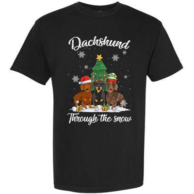Merry Christmas Dachshund Dog Through The Snow Gift Garment-Dyed Heavyweight T-Shirt