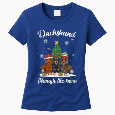 Merry Christmas Dachshund Dog Through The Snow Gift Womens T-Shirt