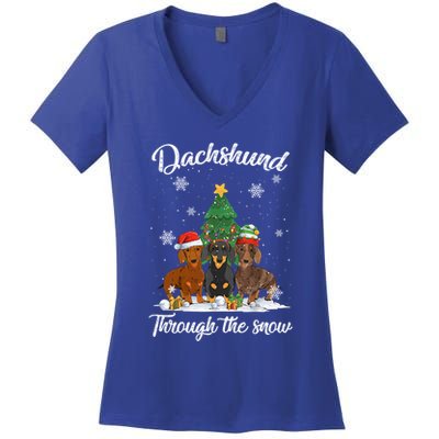 Merry Christmas Dachshund Dog Through The Snow Gift Women's V-Neck T-Shirt