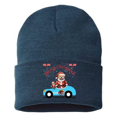 Merry Christmas Dog Duo On A Holiday Ride For Dog Lover Sustainable Knit Beanie