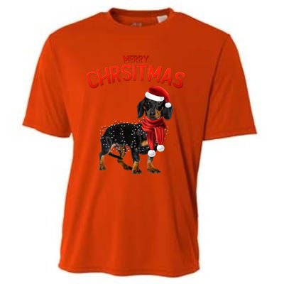 Merry Christmas Dachshund Dogs With Tree Christmas Lights Gift Cooling Performance Crew T-Shirt