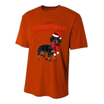 Merry Christmas Dachshund Dogs With Tree Christmas Lights Gift Performance Sprint T-Shirt