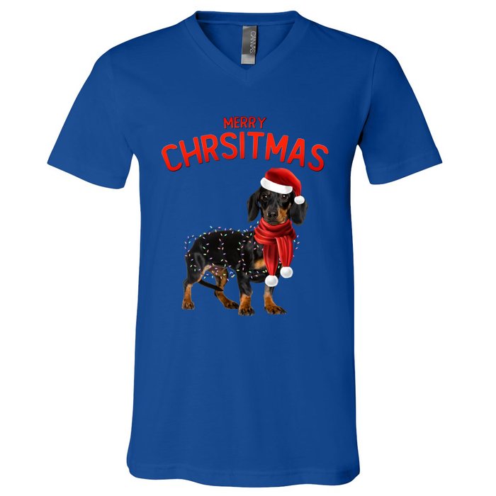 Merry Christmas Dachshund Dogs With Tree Christmas Lights Gift V-Neck T-Shirt