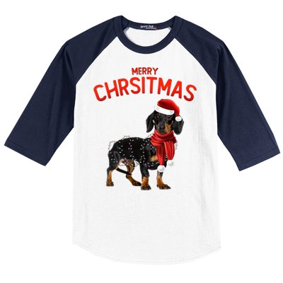 Merry Christmas Dachshund Dogs With Tree Christmas Lights Gift Baseball Sleeve Shirt