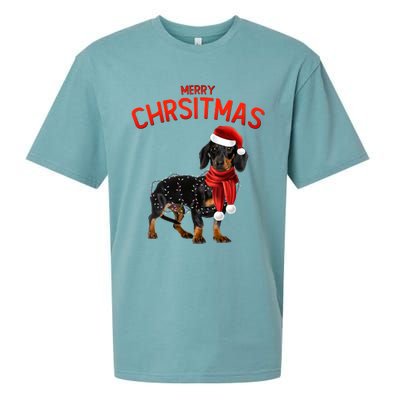 Merry Christmas Dachshund Dogs With Tree Christmas Lights Gift Sueded Cloud Jersey T-Shirt