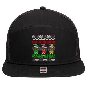 Merry Christmas Dachshund Through Snow Gift 7 Panel Mesh Trucker Snapback Hat