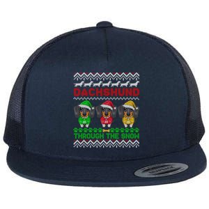 Merry Christmas Dachshund Through Snow Gift Flat Bill Trucker Hat