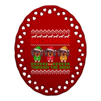 Merry Christmas Dachshund Through Snow Gift Ceramic Oval Ornament