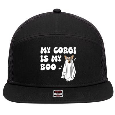 My Corgi Dog Is My Boo Spooky Season Ghost Halloween Groovy Gift 7 Panel Mesh Trucker Snapback Hat